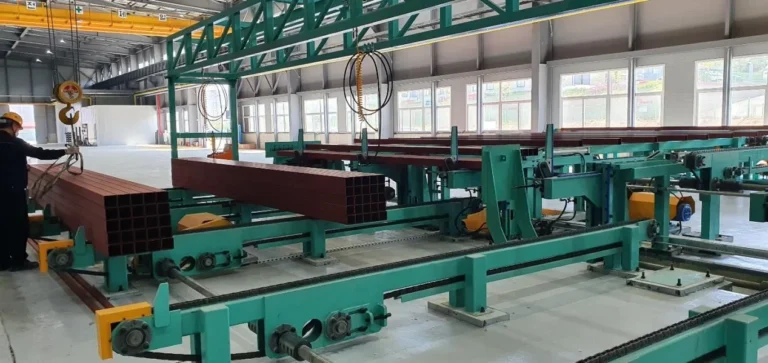 Coating line conveyor with finished square tube stacked alongside