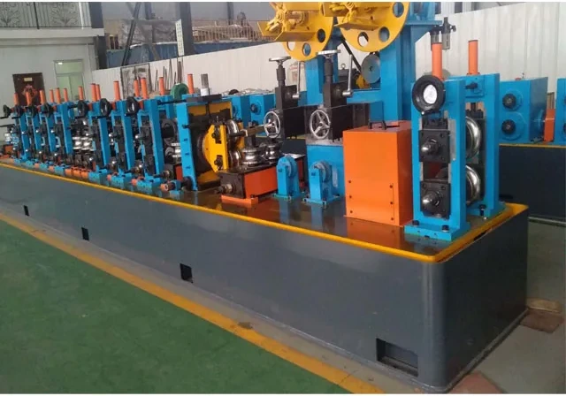 HG50 tube mill line, blue stands on the grey base frame