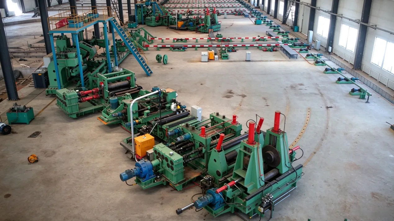 Workshop overview of a spiral welded pipe line