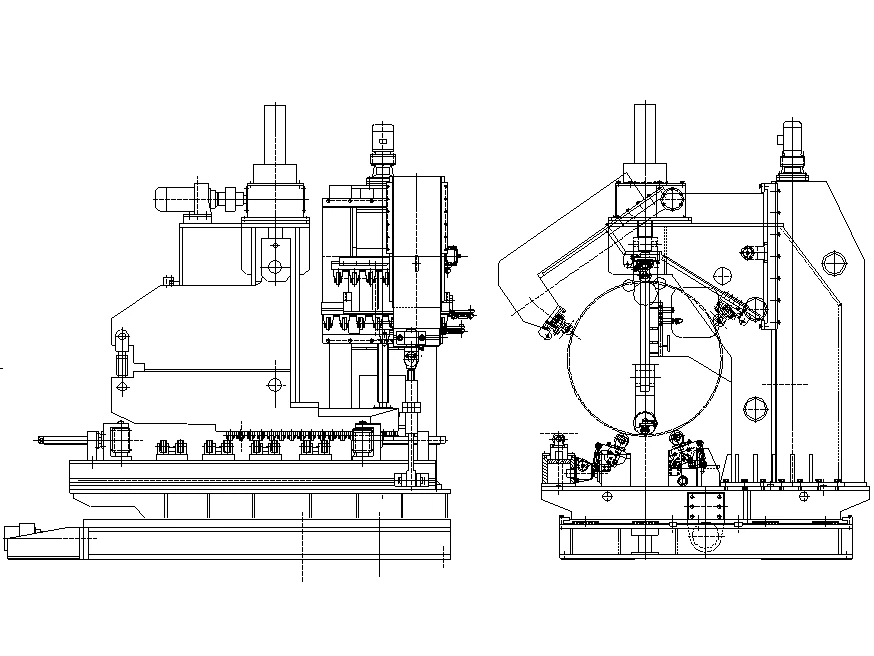 Forming machine of a spiral mill: three-roll bending with external sizing (drawing)