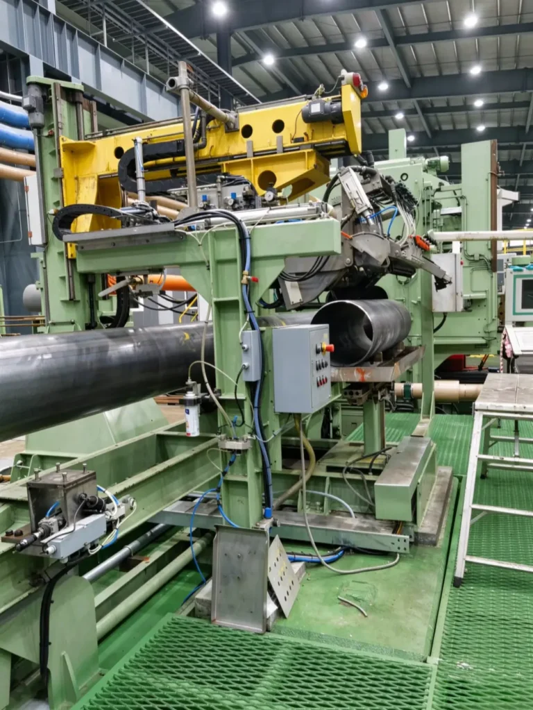 API line pipe mill forming section with welded steel pipe on runout table