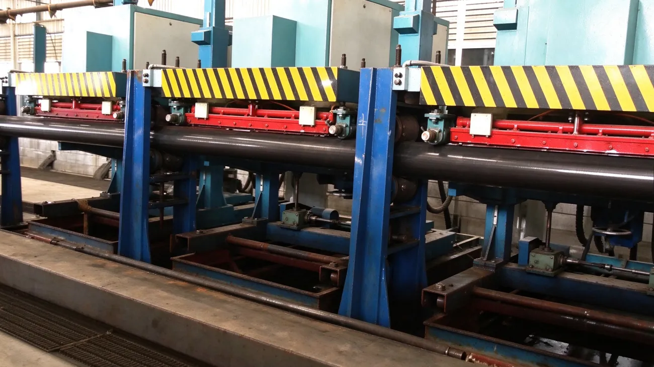 Run-out section of an API line pipe mill with welded pipe on the rollers