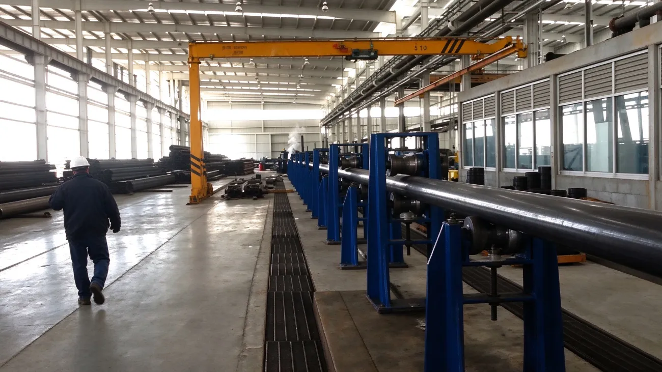 Run-out tables and finished pipe along the API line