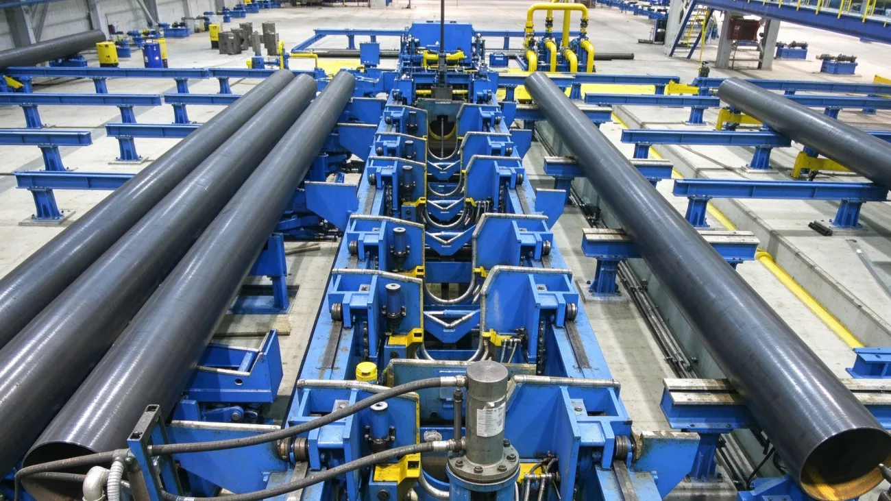 Pipe leaving the forming and welding section, seen from above