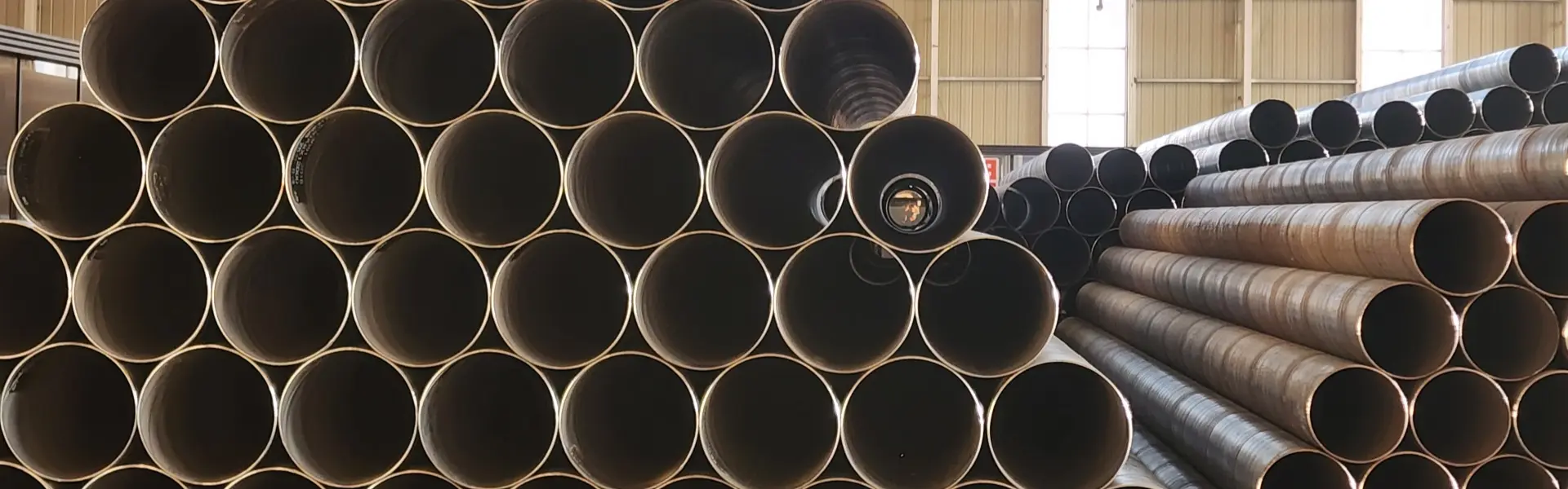 Stack of large-diameter steel line pipe
