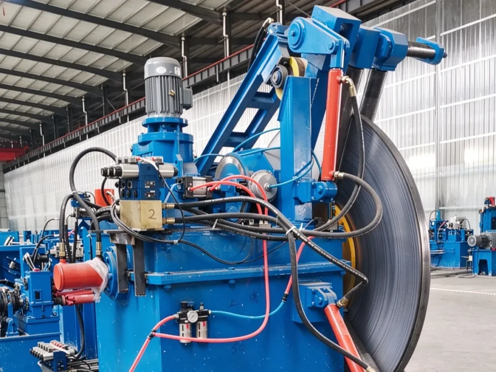 Hydraulic coil uncoiler at the entry of the H-beam production line