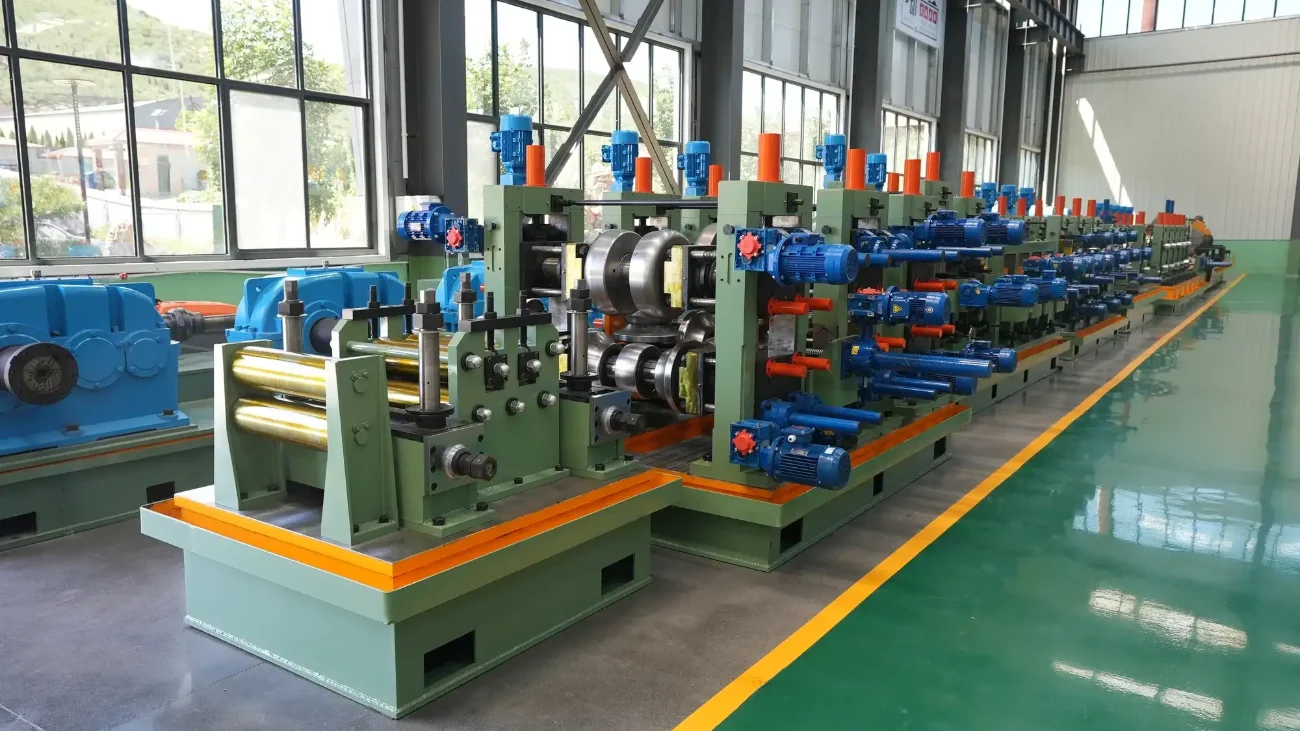 Forming stands of a high-frequency tube mill down the workshop bay