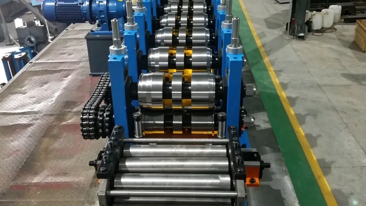 Strip running through the forming stands of a roll forming line